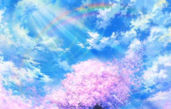 Картинка небо, облака, природа, дерево, радуга, лепестки, сакура, арт