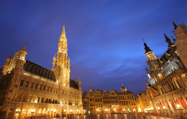 Ночь, город, площадь, Брюссель, Grand Place, Brussels