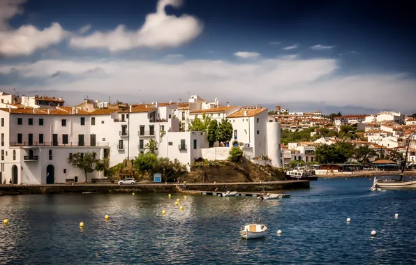 Картинка здания, лодки, панорама, Испания, набережная, гавань, Spain, Каталония