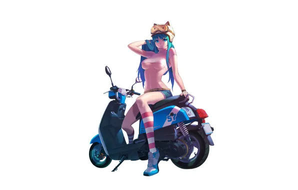 Картинка Girl, Art, Style, Background, Minimalism, Characters, Scooter, Moped