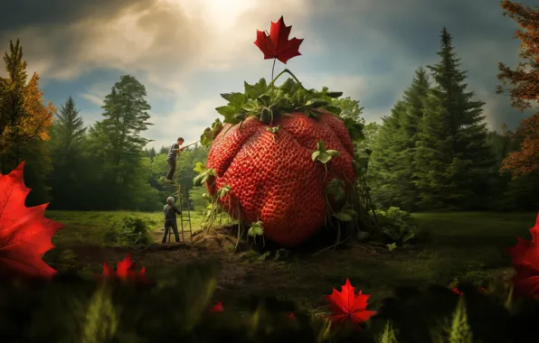 Лес, природа, люди, фантазия, клубника, ягода, кленовые листья, гигантская