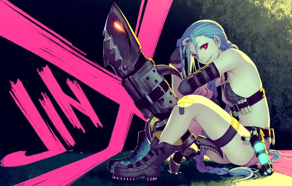Девушка, оружие, ботинки, арт, пластырь, League of Legends, LoL, Jinx
