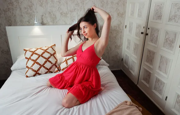 Long hair, model, brunette, bedroom, gorgeous, photoshoot, posing, beautiful face
