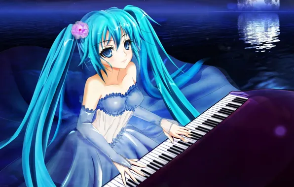 Картинка ночь, озеро, луна, рояль, пианино, vocaloid, hatsune miku