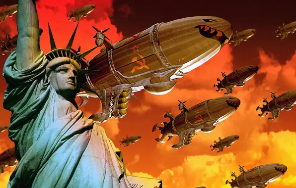 USSR, Statue of Liberty, nostalgia, orange sky, Zeppelin, video game art, red alert 2, Command …