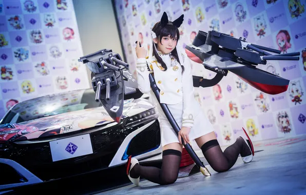 Картинка car, Asian, weapon, katana, women, cosplay, high heels, sports car