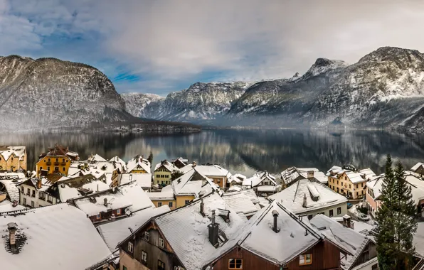 Картинка зима, горы, озеро, дома, Австрия, крыши, Альпы, панорама