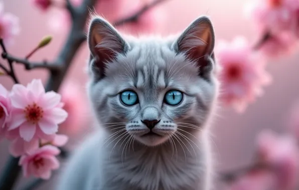 Кошка, кот, взгляд, цветы, поза, котенок, серый, портрет