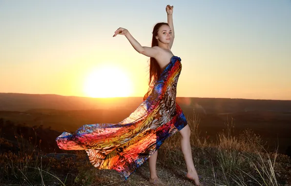 Long hair, nature, sunset, model, brunette, gorgeous, photoshoot, posing