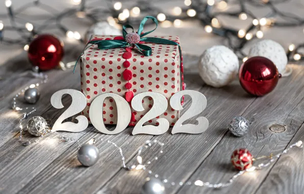 Шарики, подарок, шары, доски, Рождество, цифры, Новый год, 2022