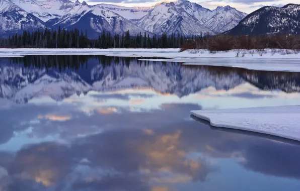 Картинка зима, снег, горы, Озеро