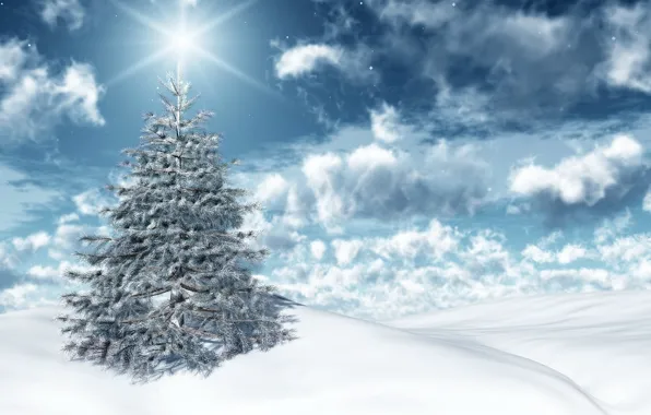 Картинка зима, небо, солнце, облака, свет, снег, праздник, новый год