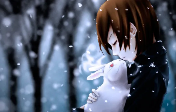 Картинка зима, деревья, кролик, vocaloid, силуэты, meiko
