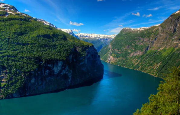 Небо, деревья, горы, скалы, Норвегия, солнечно, Norway, фьорд