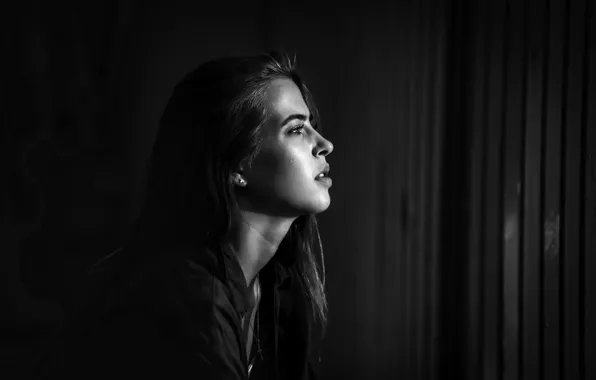 Girl, Beauty, Side, Window, Sight, Black & White