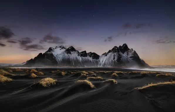 Картинка пляж, небо, звезды, горы, ночь, Исландия