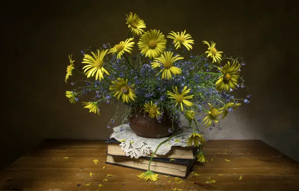 Цветы, стол, книги, ромашки, букет, желтые, лепестки, голубые