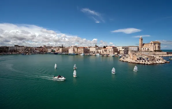 Море, город, пристань, лодки, Италия, набережная, Italy, Puglia