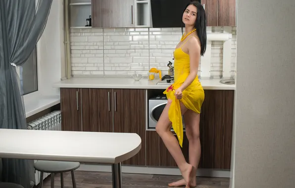 Long hair, model, gorgeous, photoshoot, posing, yellow dress, beautiful face, barefoot girl