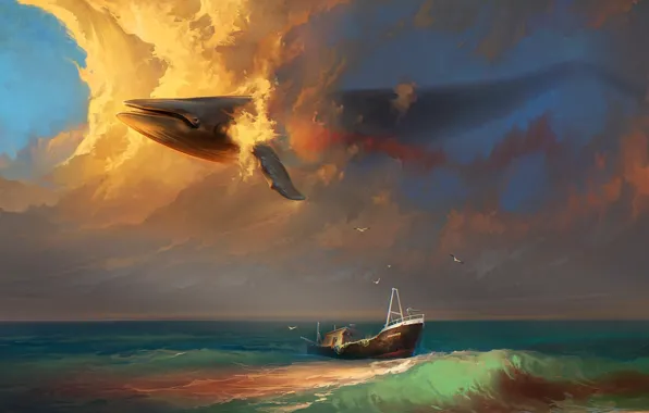 Картинка море, волны, небо, облака, птицы, сюрреализм, корабль, чайки
