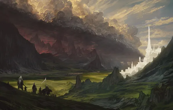 Картинка облака, люди, замок, скалы, холмы, арт, знамя