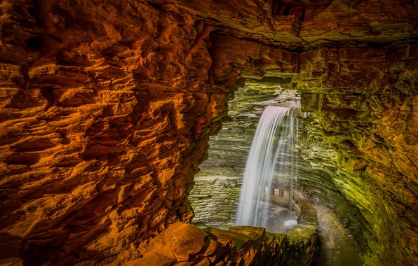Картинка камни, скалы, водопад, пещера, Watkins Glen State Park, Cavern Cascade