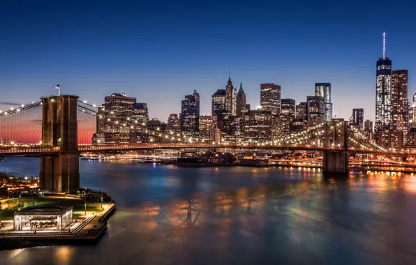 Картинка city, lights, USA, night, New York, Manhattan, Brooklyn Bridge, skyscrapers