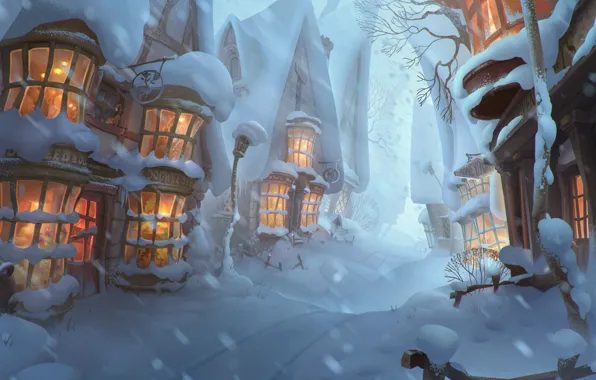 Картинка зима, снег, настроение, красота, арт, городок, Elizaveta Lebedeva, Winter is coming in Hogsmeade!