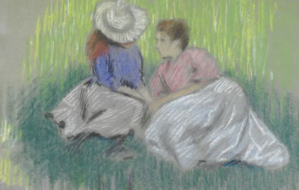 Картина, жанровая, Федерико Дзандоменеги, Federico Zandomeneghi, Женщина и Девочка на Траве