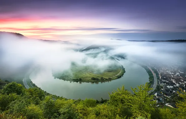 Картинка лето, туман, река, Германия, Мозель