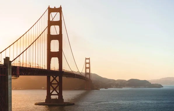 Картинка небо, вода, закат, мост, пролив, Калифорния, Сан-Франциско, Золотые Ворота