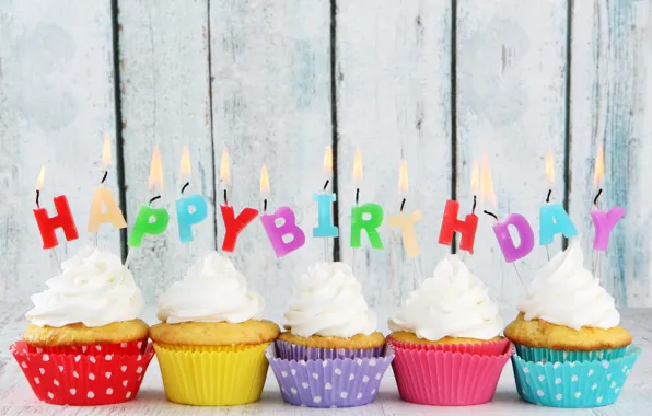 Картинка день рождения, свечи, colorful, крем, Happy Birthday, кексы, candles, cupcakes
