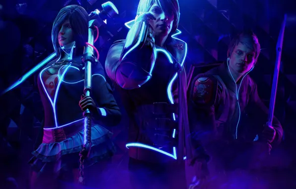 Девушка, парни, Saints Row: The Third, неоновая подсветка