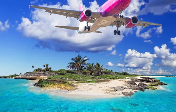 Картинка море, пляж, тропики, Самолет, beach, sea, tropics, летящий над островом