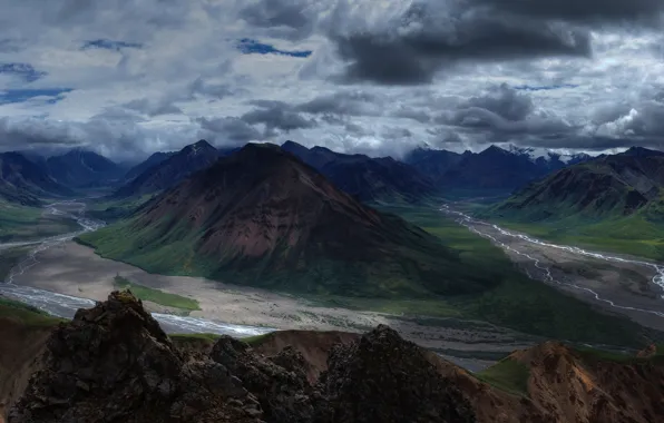 Облака, горы, река, долина, Аляска, панорама, США, Denali National Park