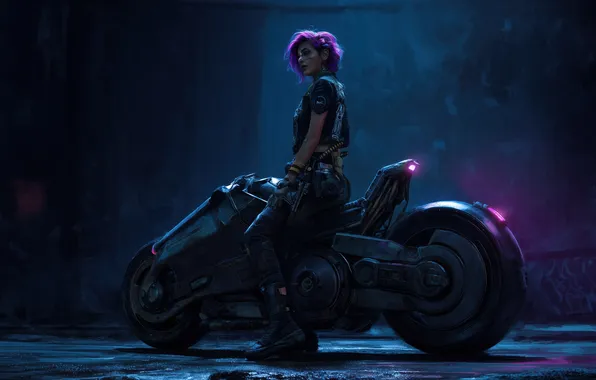 Blue, motorcycle, cyberpunk, women, illustration, purple hair, AI art