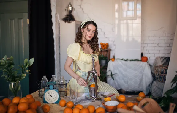 Juice, model, women, brunette, table, plants, yellow dress, apron