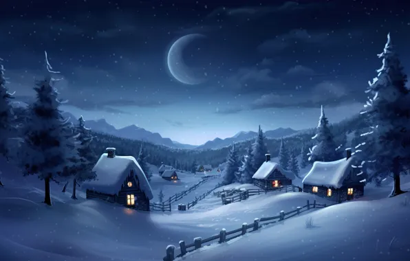 Картинка зима, снег, ночь, Новый Год, деревня, Рождество, домики, house