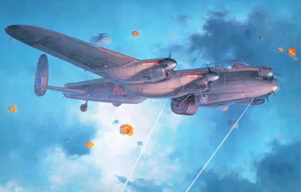 Небо, рисунок, арт, бомбардировщик, самолёт, четырёхмоторный, ВВС Великобритании, WW2