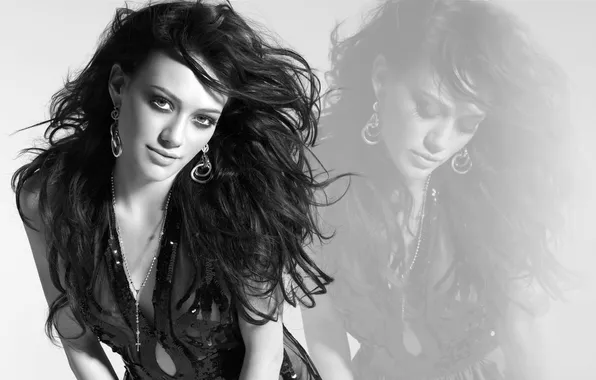 Девушка, волосы, серьги, платье, черно-белое, цепочка, Hilary Duff