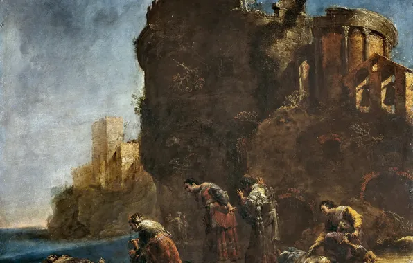 Картинка берег, картина, руины, мифология, Leonaert Bramer, Скорбь Гекубы