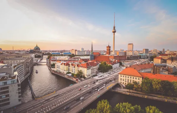 German, Sky, Cars, Bridge, Germany, clouds, Berlin, River