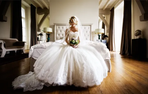 Девушка, комната, букет, платье, невеста, Florian Weiler