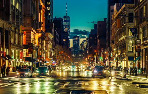Картинка машина, ночь, город, огни, улица, человек, здания
