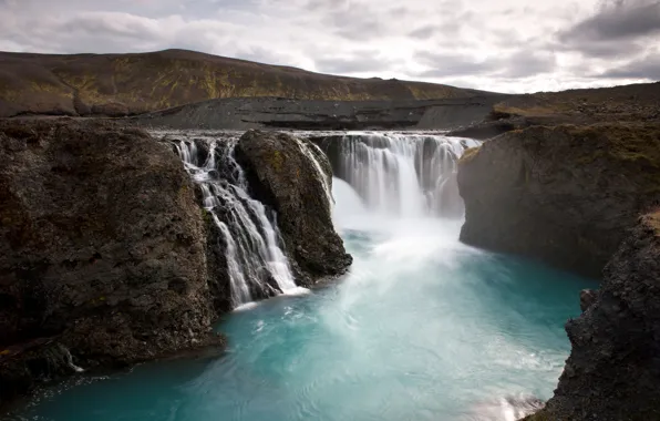 Картинка водопад, ущелье, Исландия, озеро природа