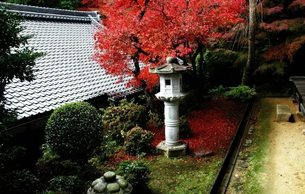 Картинка осень, сад, фонари, Japan, кусты
