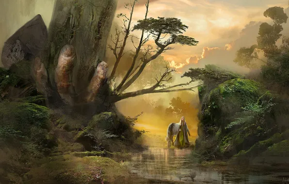 Картинка fantasy, forest, river, landscape, nature, tree, horse, artwork