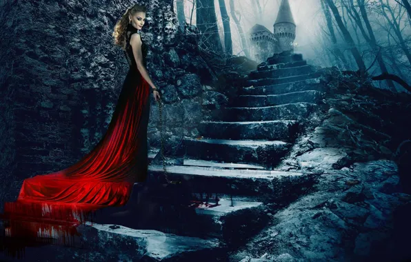 Картинка замок, кровь, платье, цепь, лестница, ступени, леди, Светлана Ходченкова