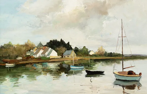 Картинка пейзаж, картина, бухта, лодки, Марсель Диф, Corner Point at Brillac