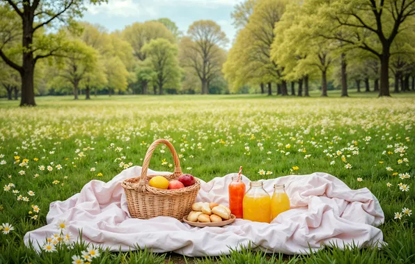 Поле, цветы, весна, colorful, луг, пикник, blossom, flowers